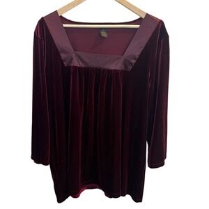 Susan Lawrence Woman Burgundy Velvet Square Neck‎ Satin Trim Blouse 2X Regency